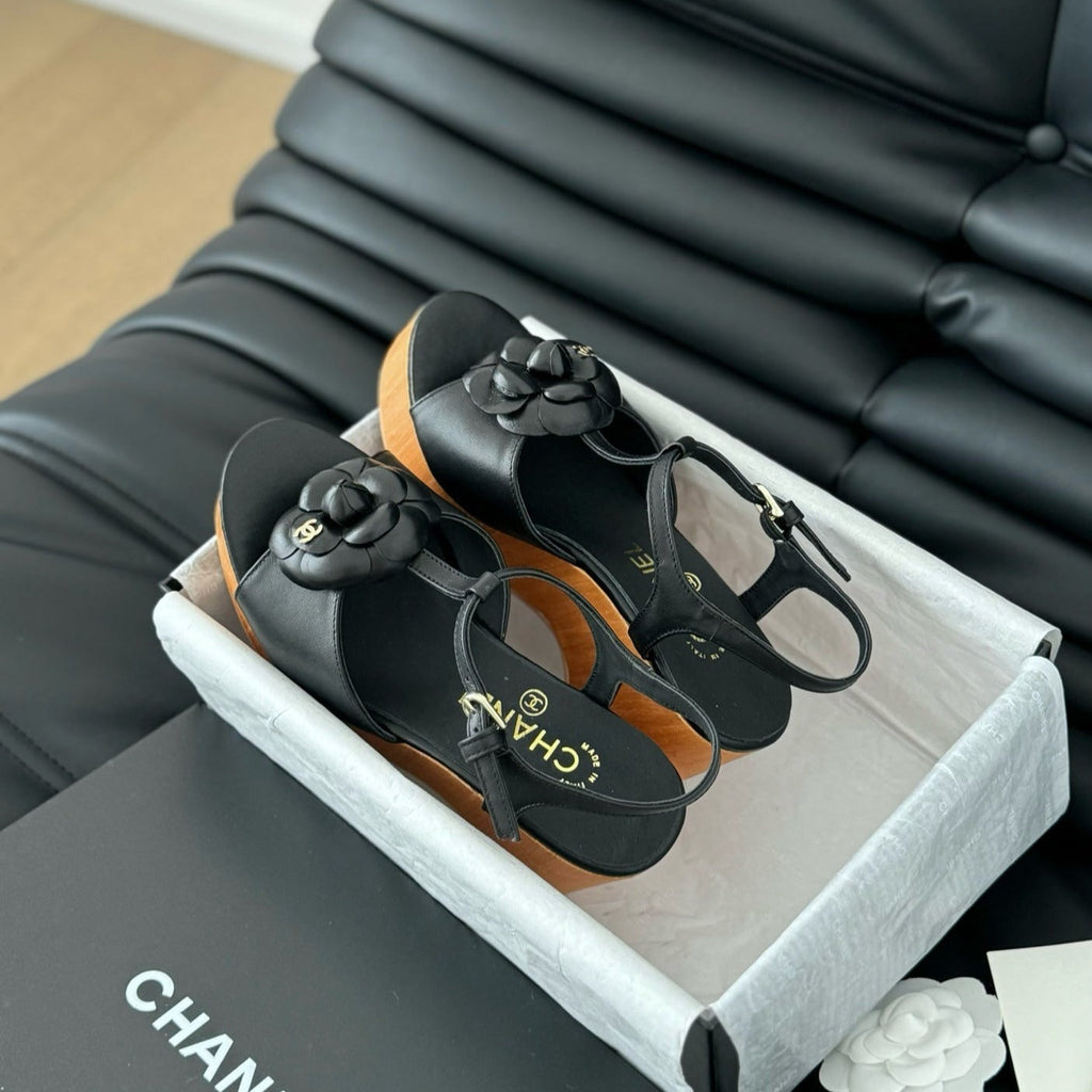 Chanel Double C New Wood Grain Platform Sandal Black Lambskin