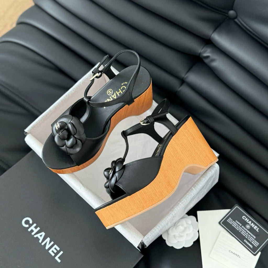Chanel Double C New Wood Grain Platform Sandal Black Lambskin