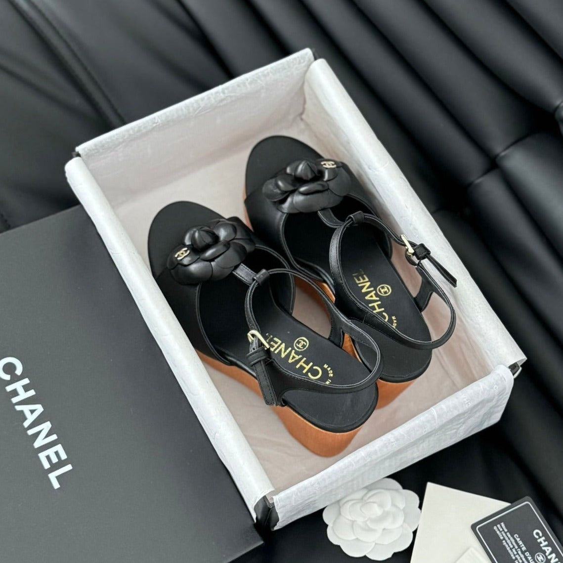 Chanel Double C New Wood Grain Platform Sandal Black Lambskin
