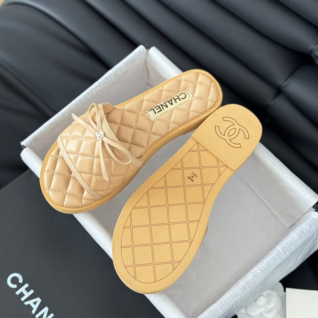 Chanel Double C New Butterfly Button Slippers Yellow Cream Lambskin