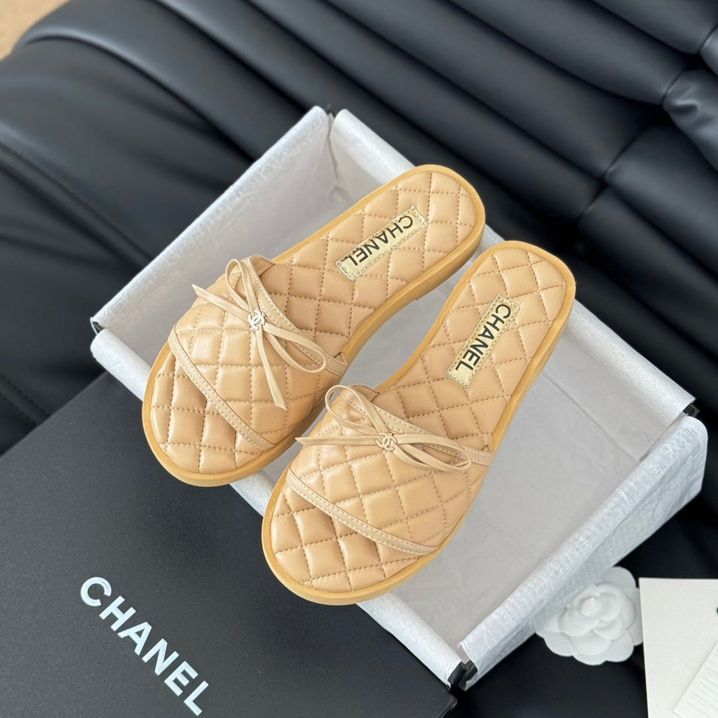 Chanel Double C New Butterfly Button Slippers Yellow Cream Lambskin