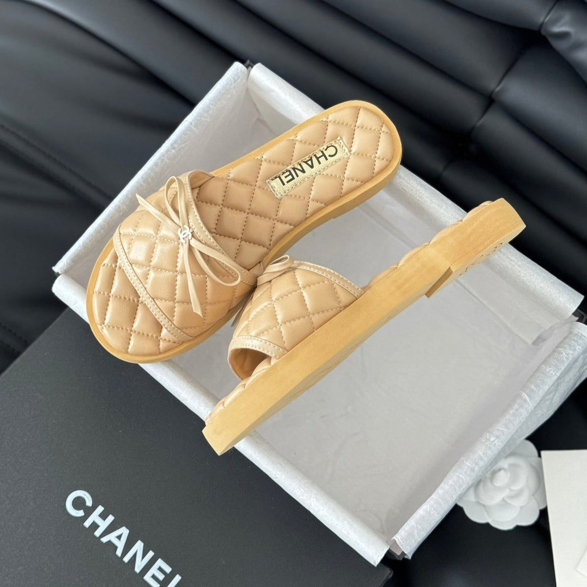 Chanel Double C New Butterfly Button Slippers Yellow Cream Lambskin