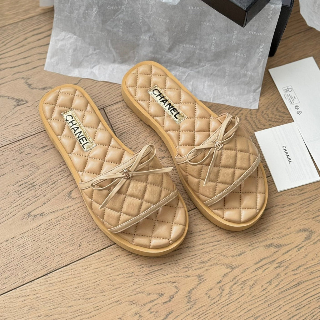 Chanel Double C New Butterfly Button Slippers Yellow Cream Lambskin