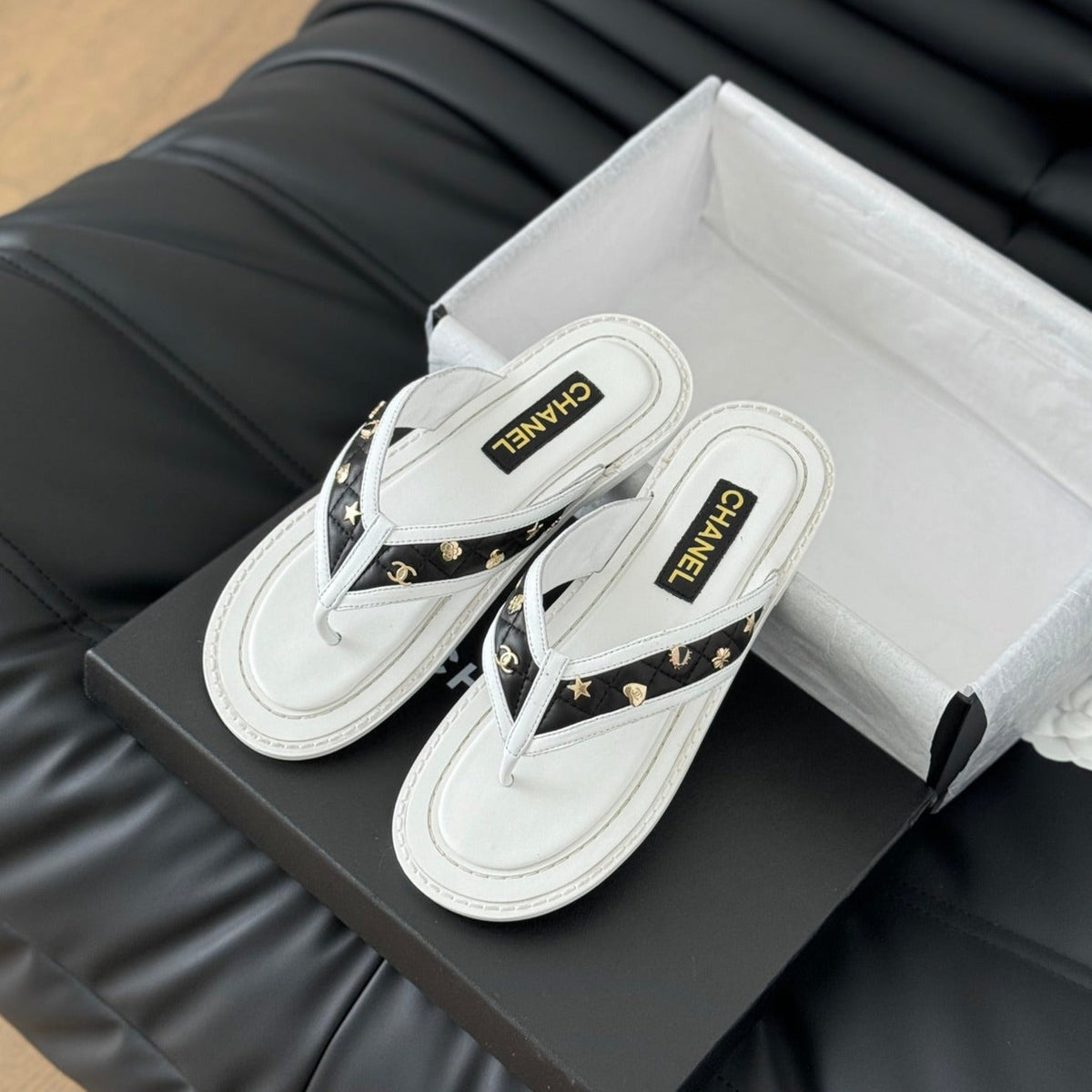 Chanel Double C Thong Sandals Lambskin White Black