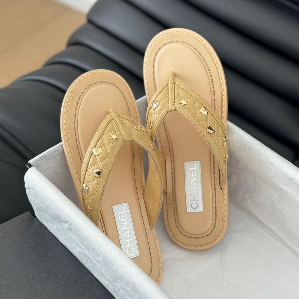Chanel Double C Thong Sandals Lambskin Tan Brown