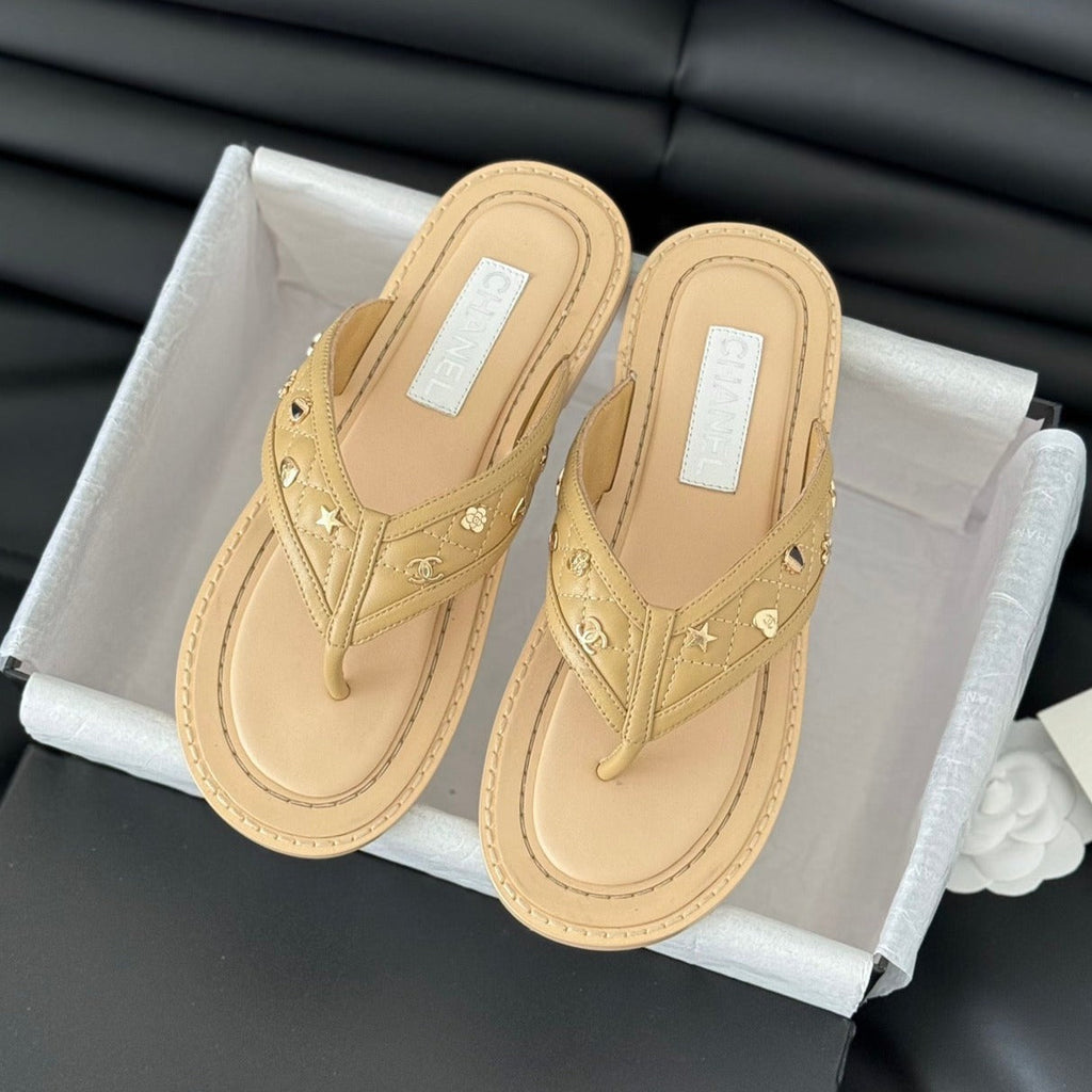 Chanel Double C Thong Sandals Lambskin Tan Brown