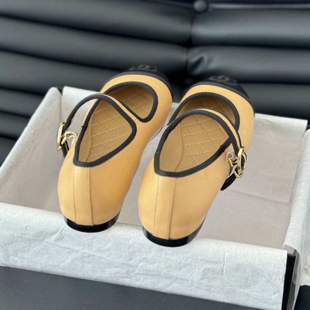 Chanel Double C Marry Jane Shoes Yellow Cream Lambskin