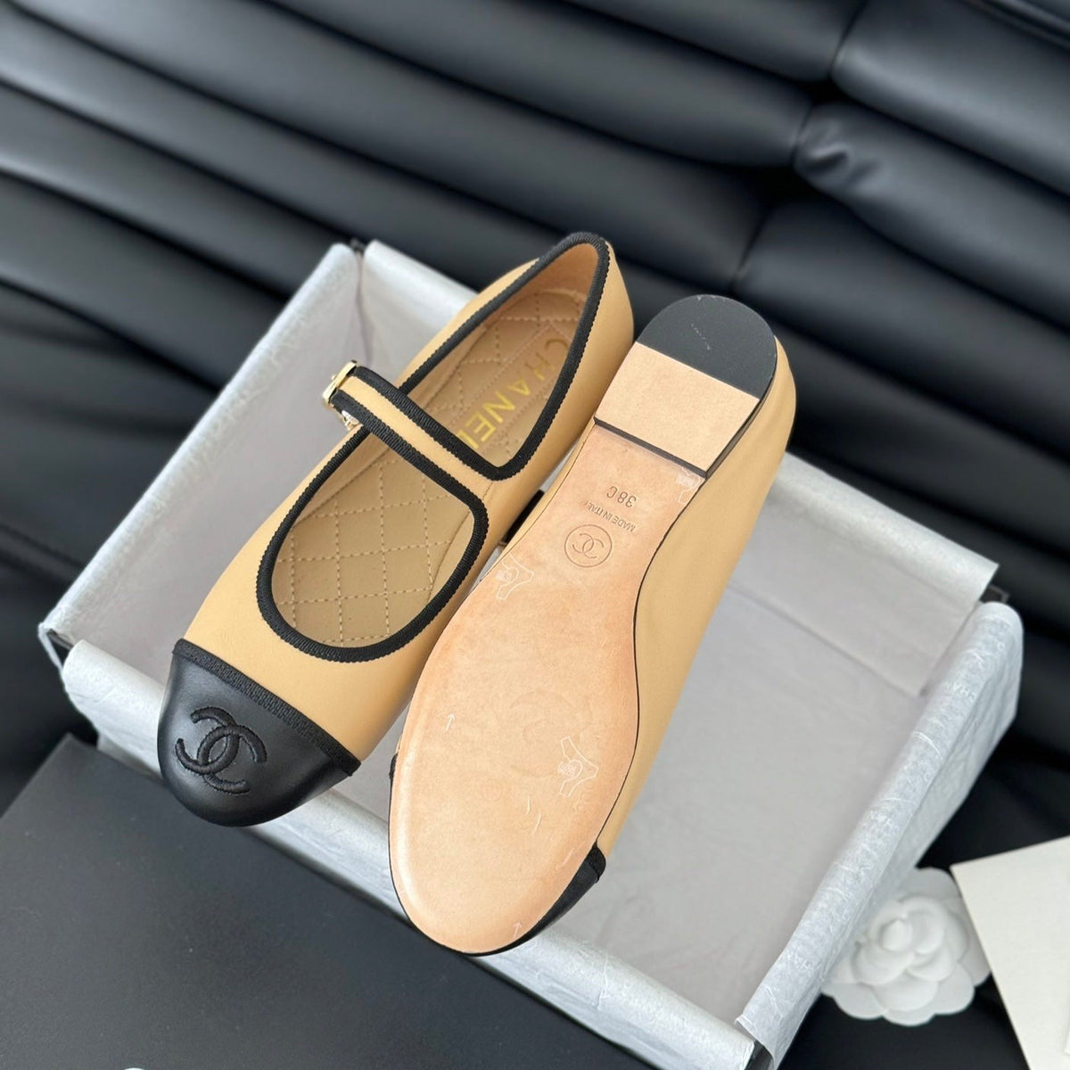 Chanel Double C Marry Jane Shoes Yellow Cream Lambskin