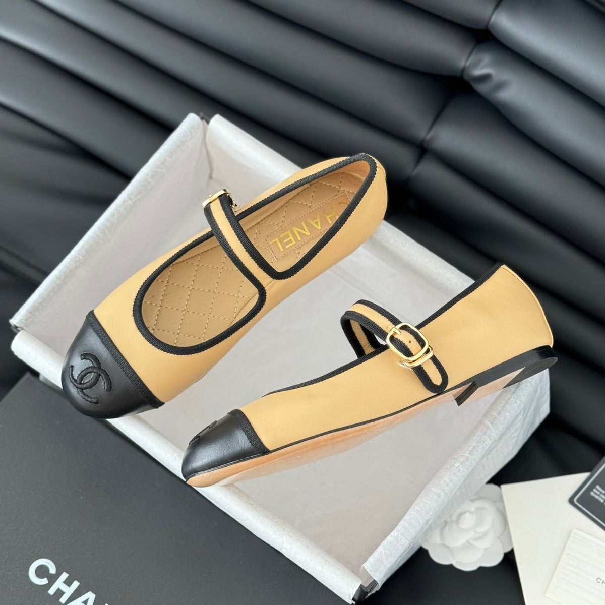 Chanel Double C Marry Jane Shoes Yellow Cream Lambskin