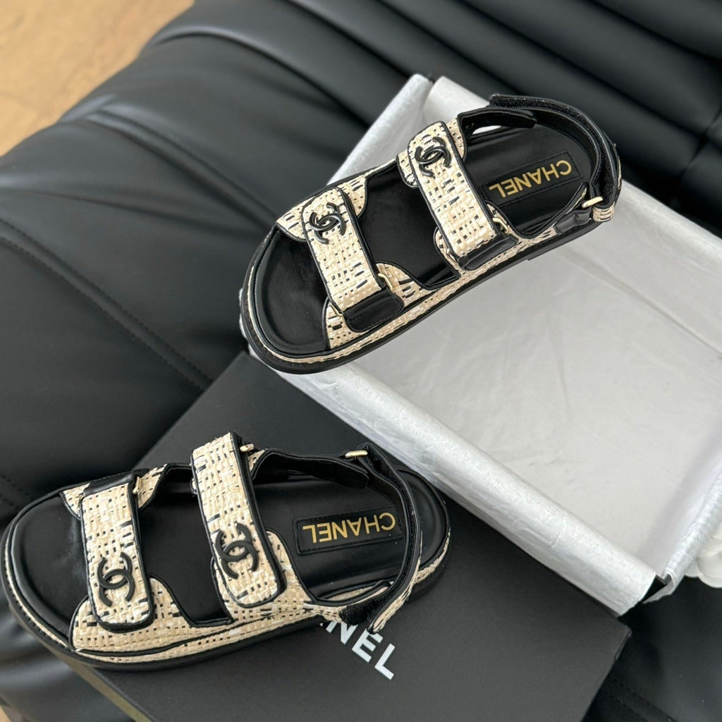 Chanel Dad Sandals Sheepskin Beige Black