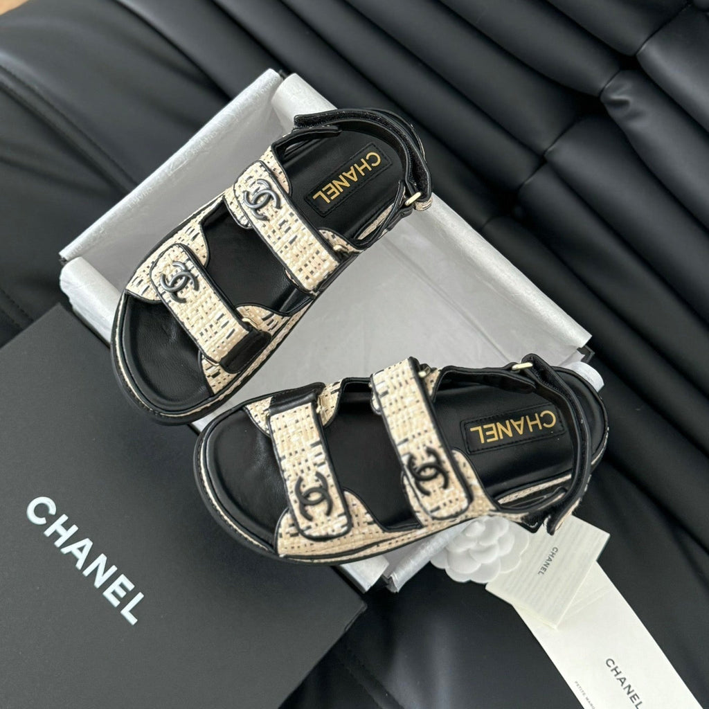 Chanel Dad Sandals Sheepskin Beige Black