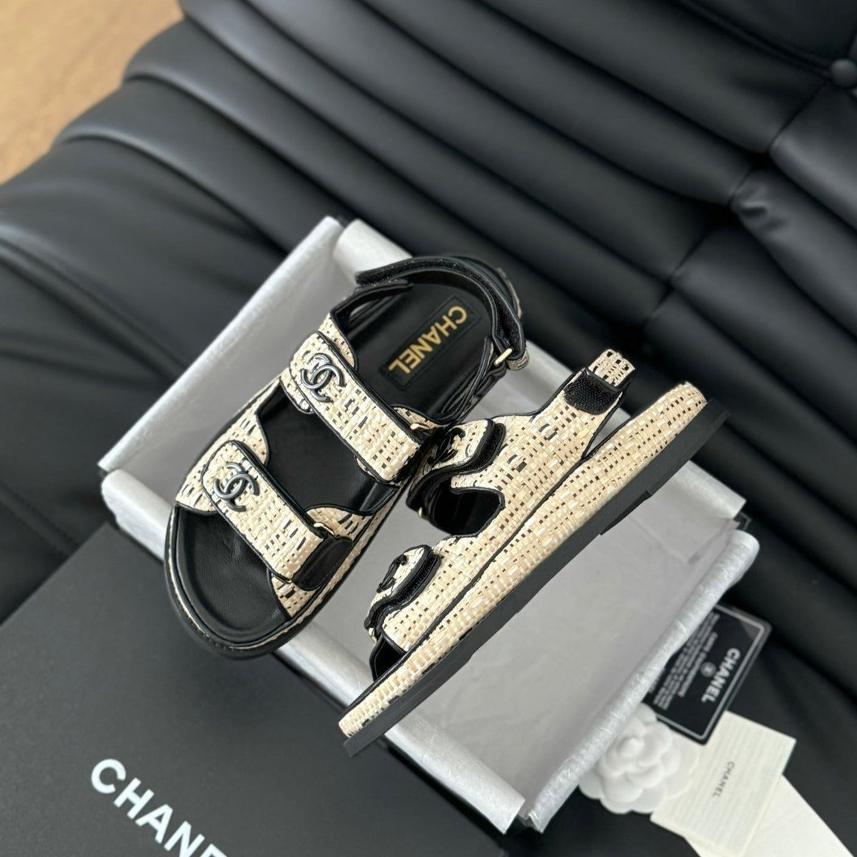 Chanel Dad Sandals Sheepskin Beige Black