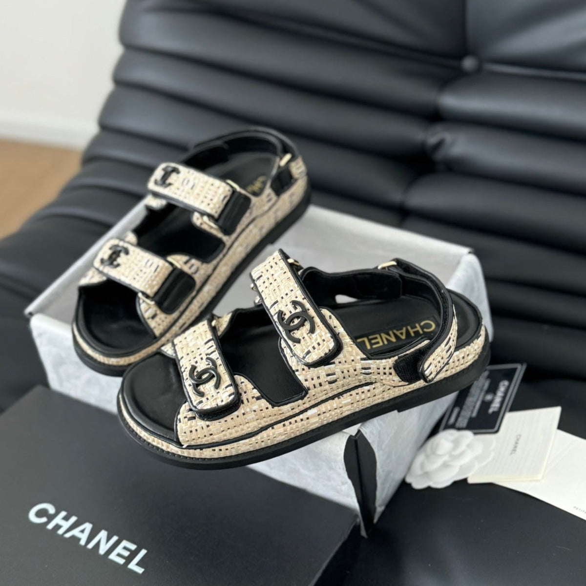 Chanel Dad Sandals Sheepskin Beige Black