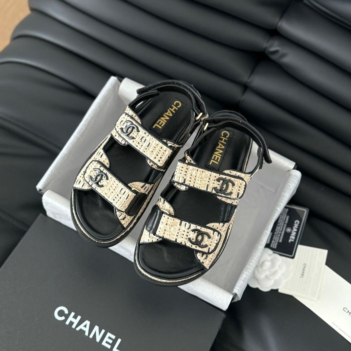 Chanel Dad Sandals Sheepskin Beige Black