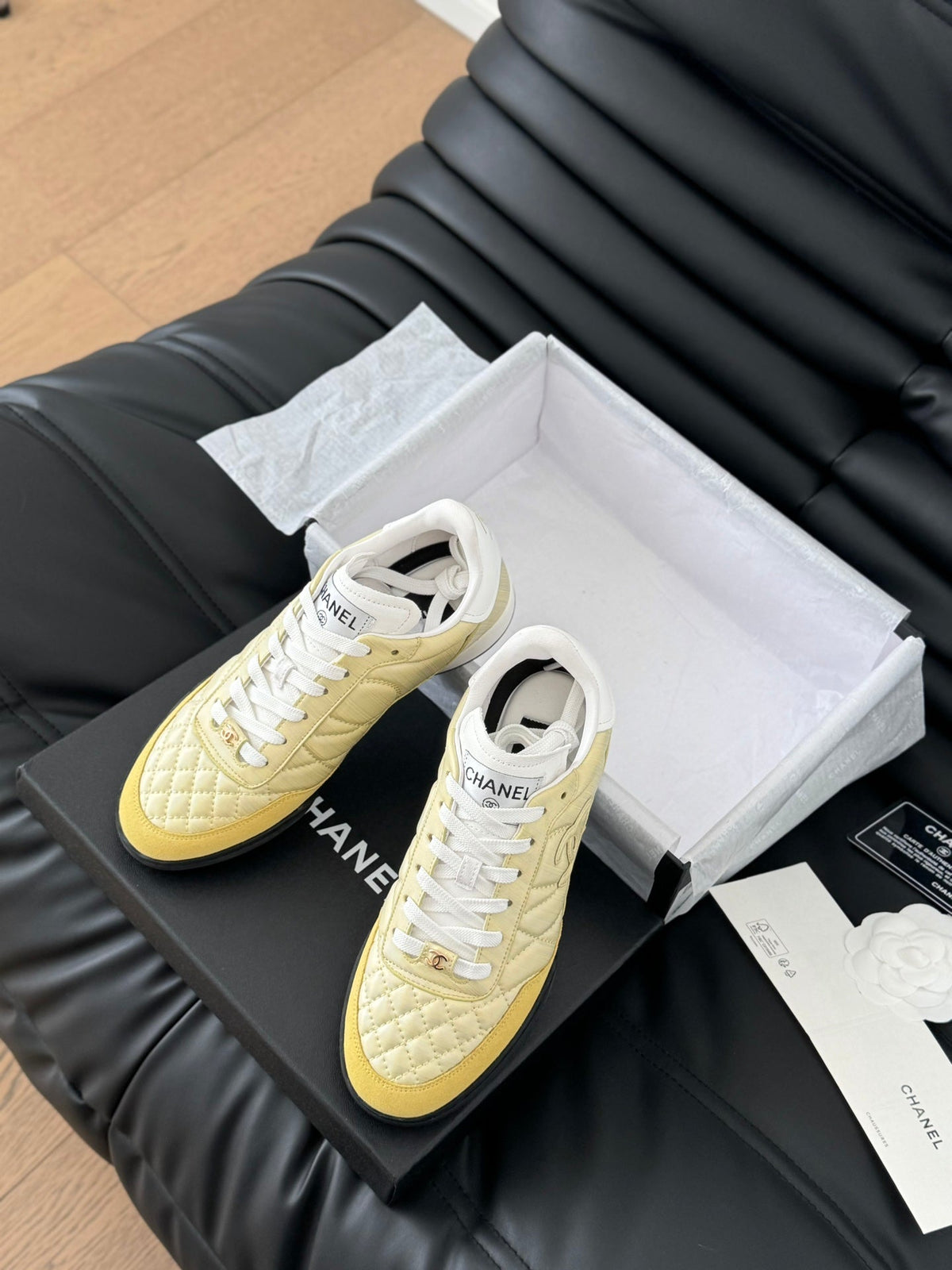 Chanel Sneaker in Light Yellow Mix White Embroidered Lambskin
