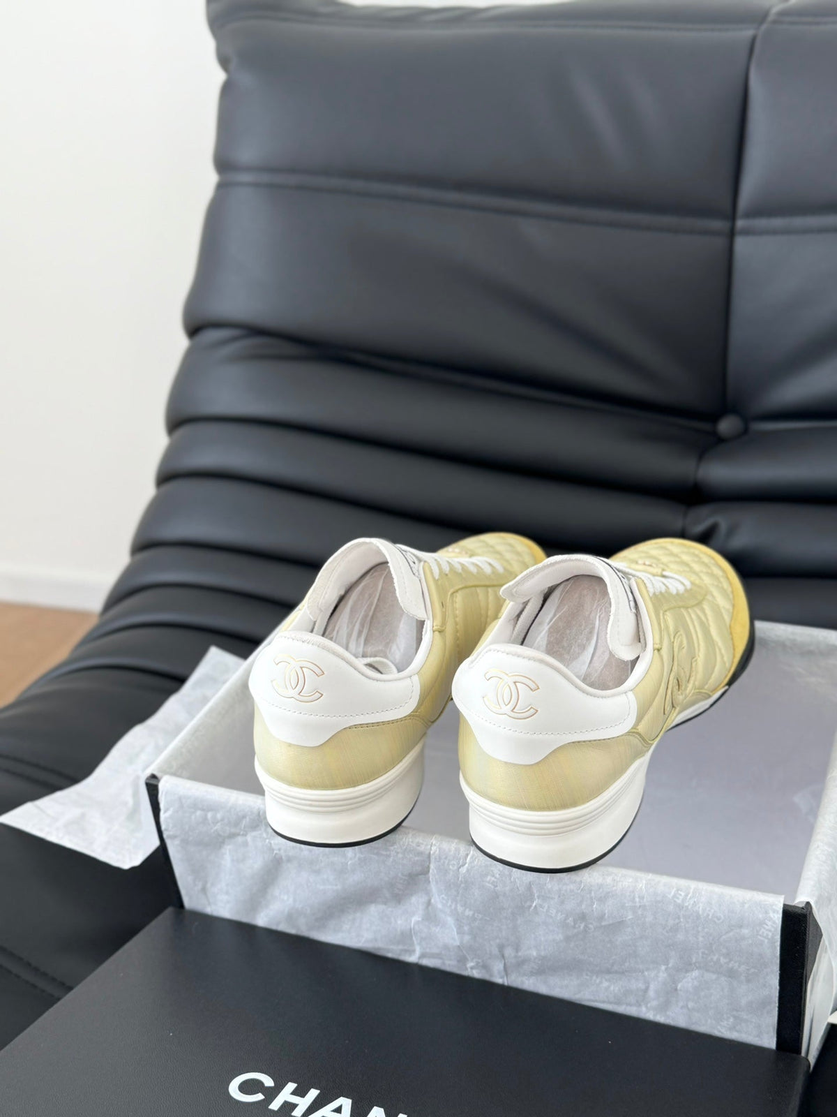 Chanel Sneaker in Light Yellow Mix White Embroidered Lambskin