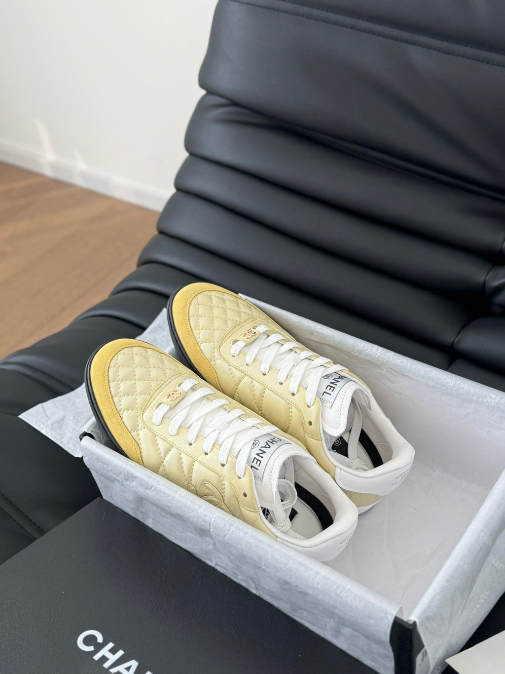 Chanel Sneaker in Light Yellow Mix White Embroidered Lambskin