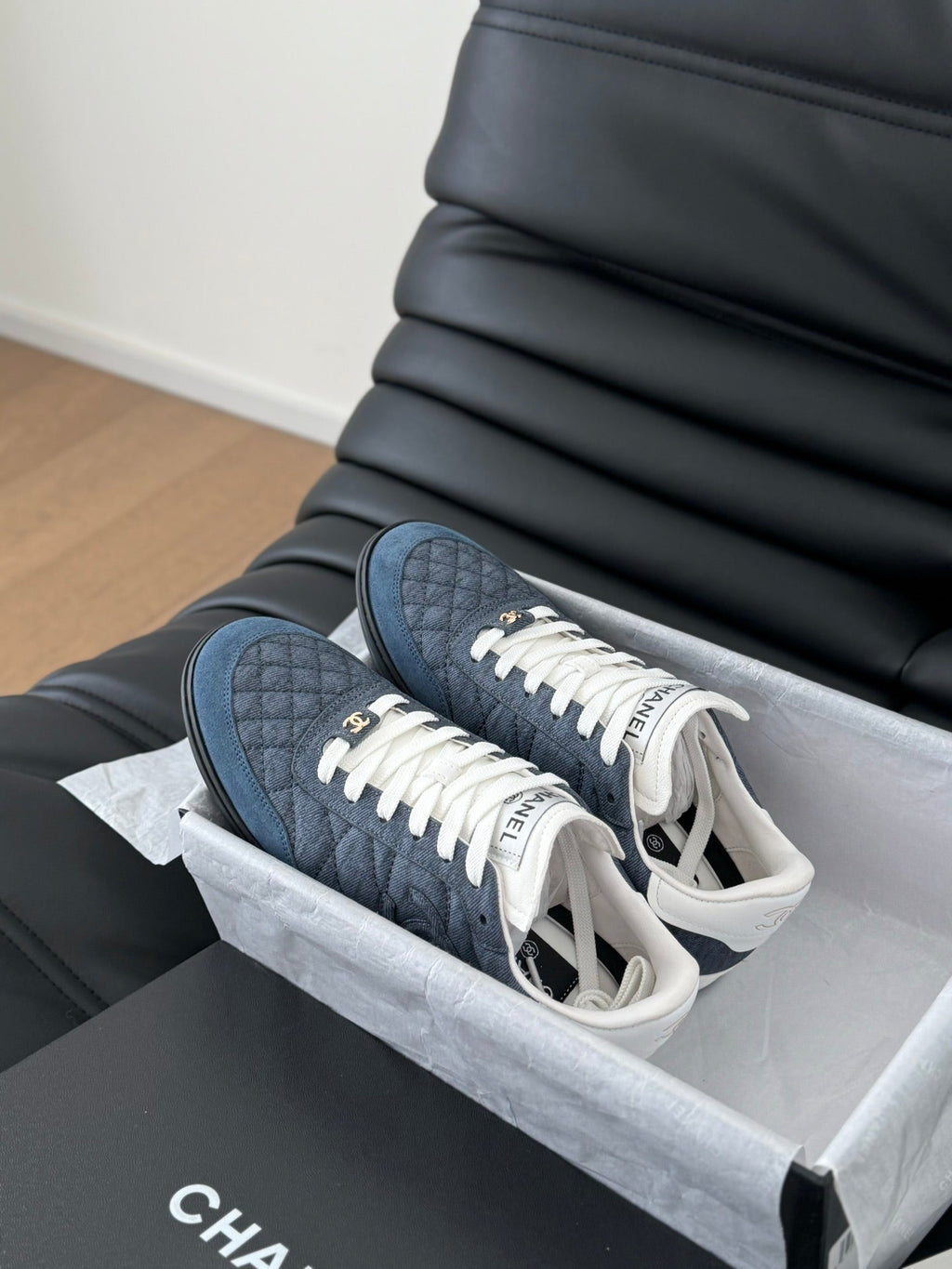 Chanel Sneaker in Aegean Blue Mix White Embroidered Lambskin