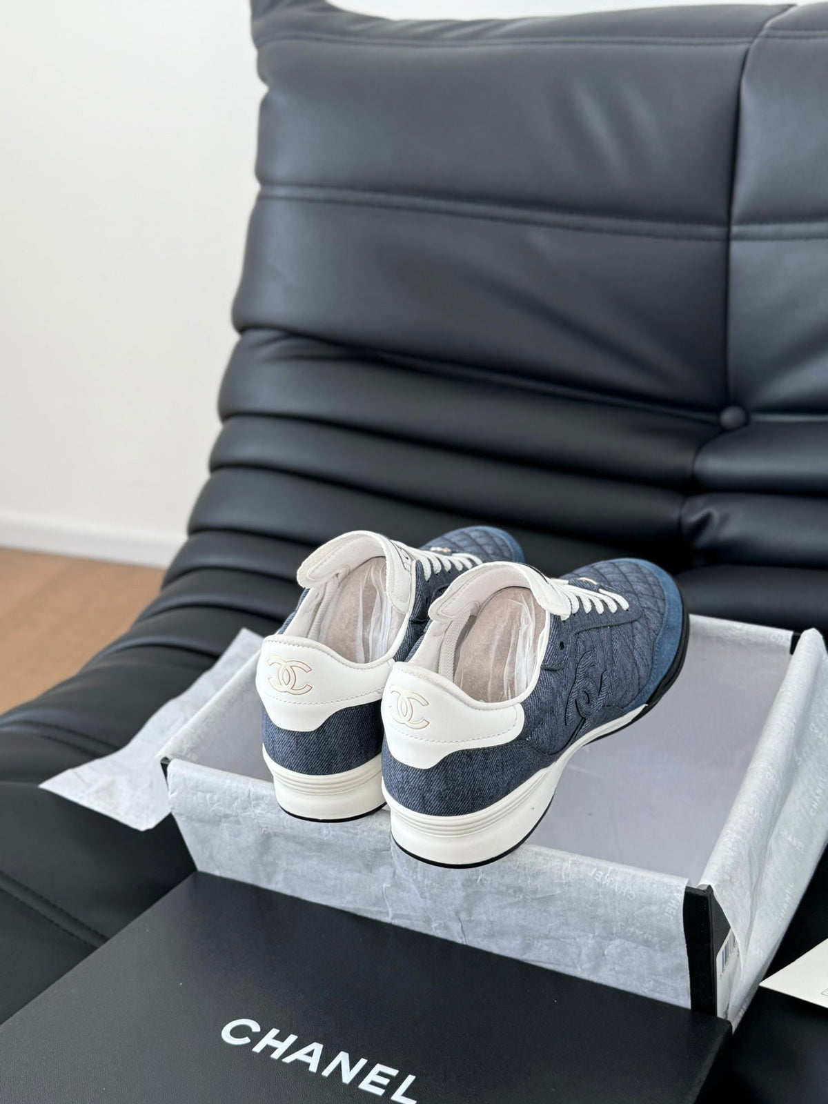 Chanel Sneaker in Aegean Blue Mix White Embroidered Lambskin