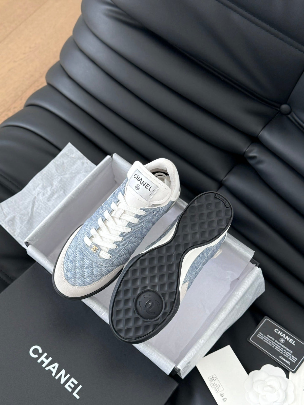 Chanel Sneaker in Light Blue Mix White Embroidered Lambskin