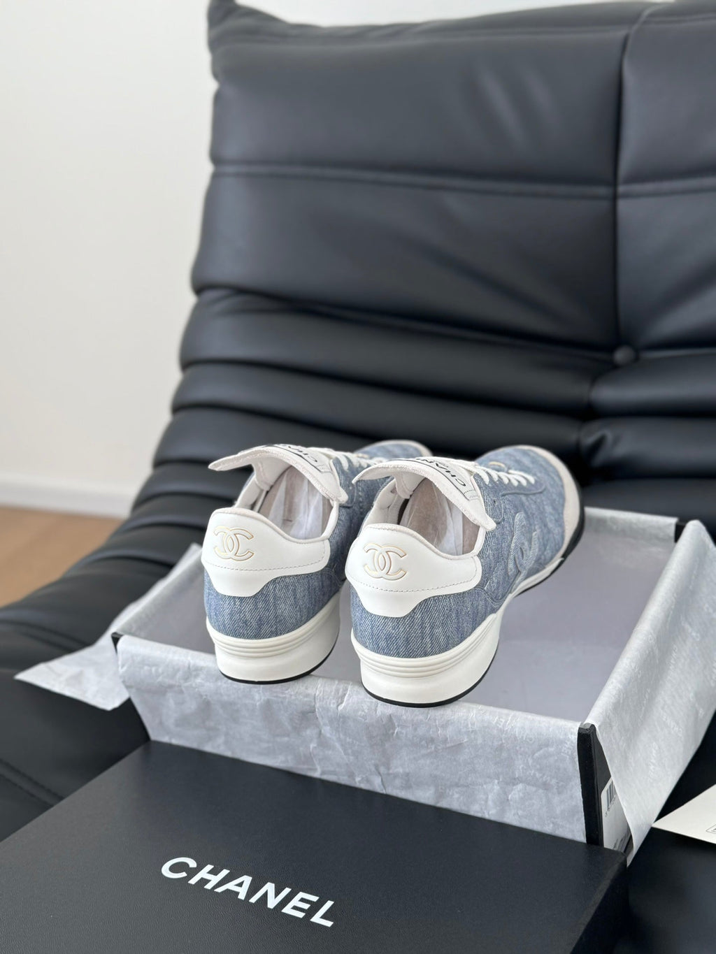 Chanel Sneaker in Light Blue Mix White Embroidered Lambskin
