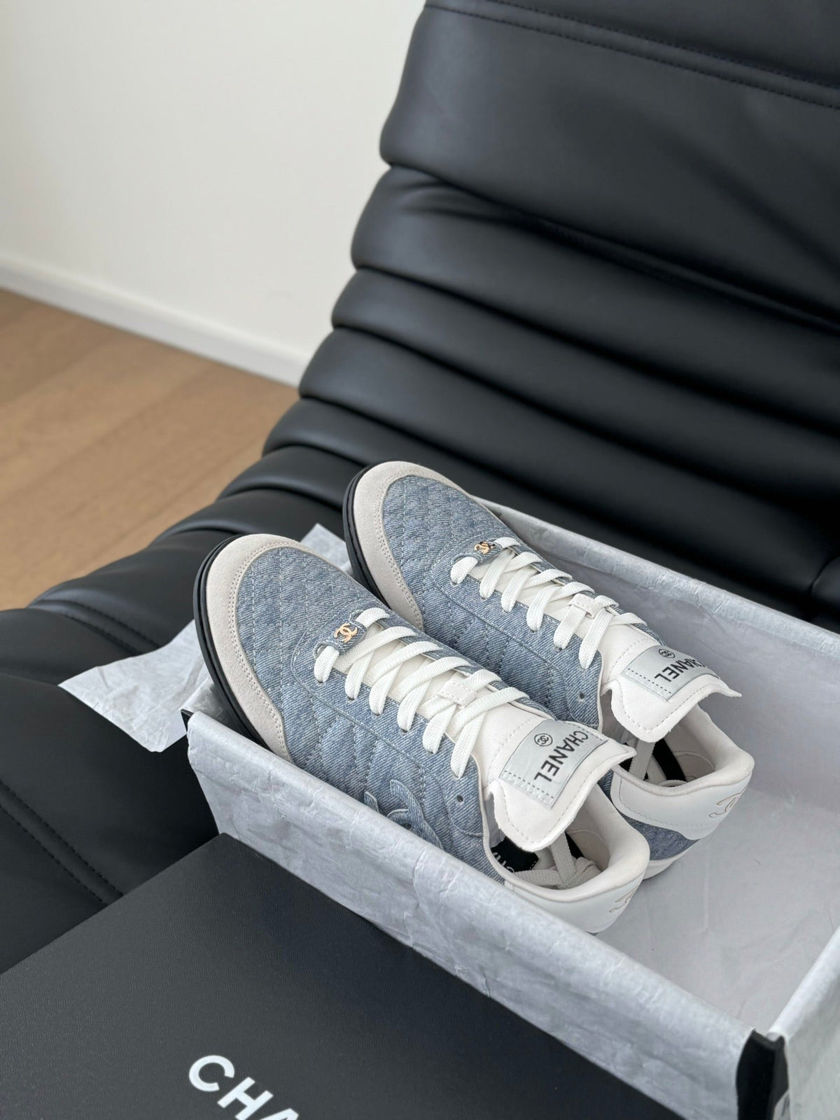 Chanel Sneaker in Light Blue Mix White Embroidered Lambskin