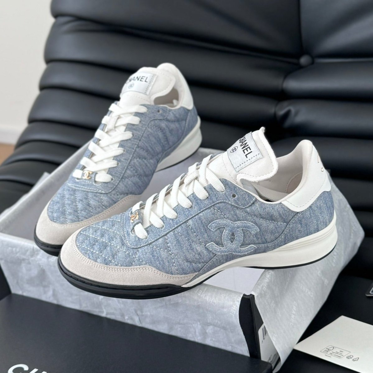 Chanel Sneaker in Light Blue Mix White Embroidered Lambskin