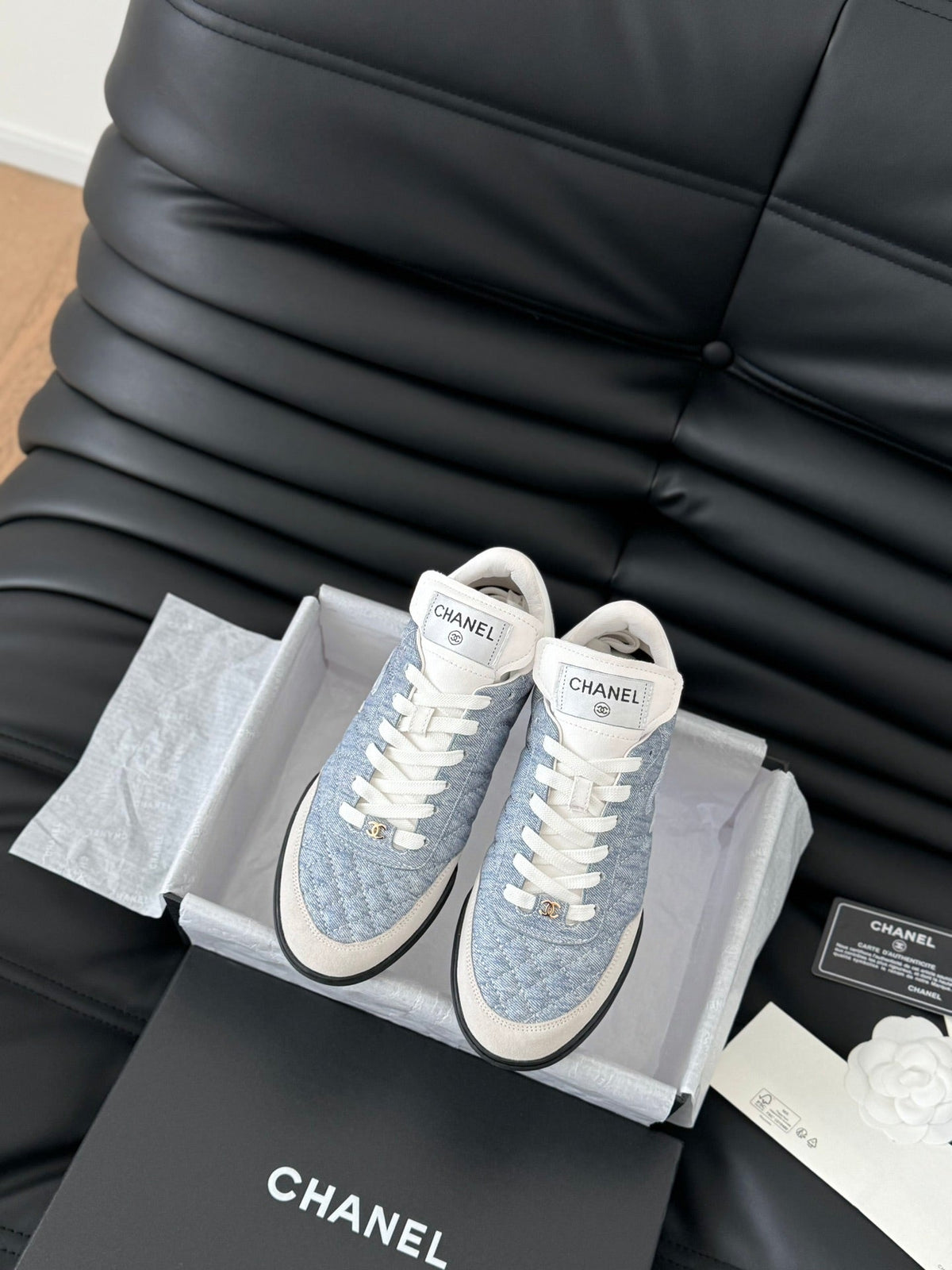Chanel Sneaker in Light Blue Mix White Embroidered Lambskin