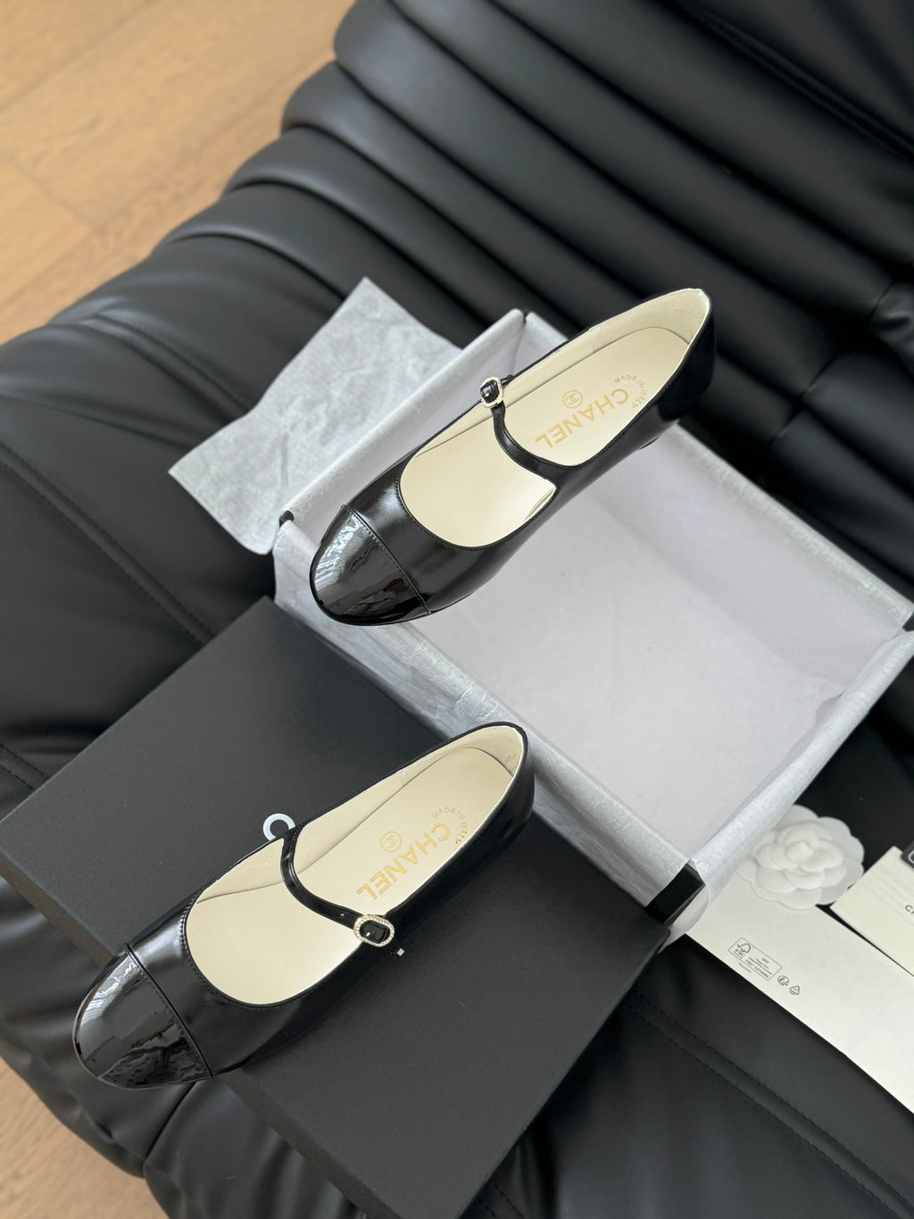 Chanel Mary Jane Shoes in Black Lambskin with Gold Hardware