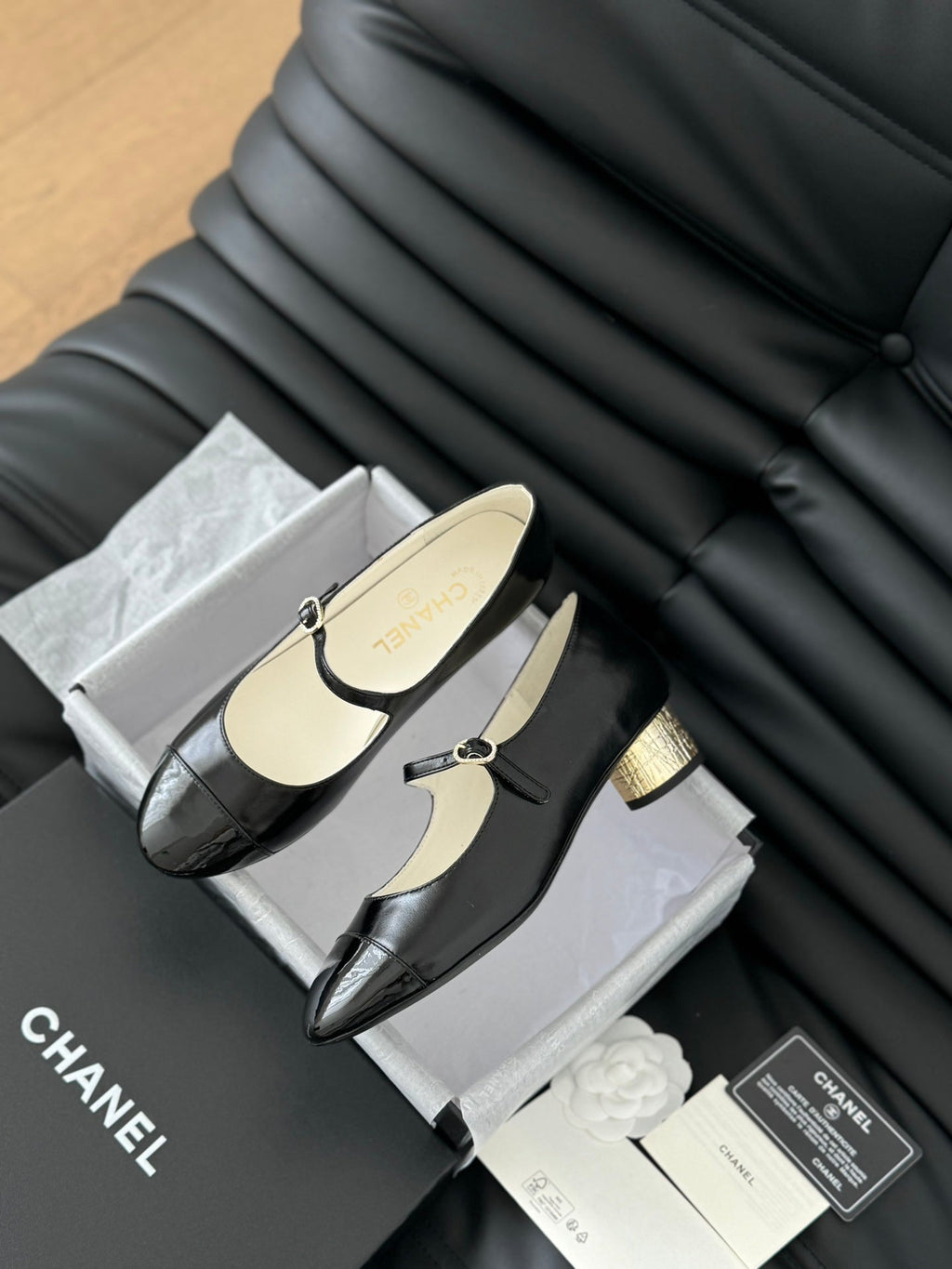 Chanel Mary Jane Shoes in Black Lambskin with Gold Hardware