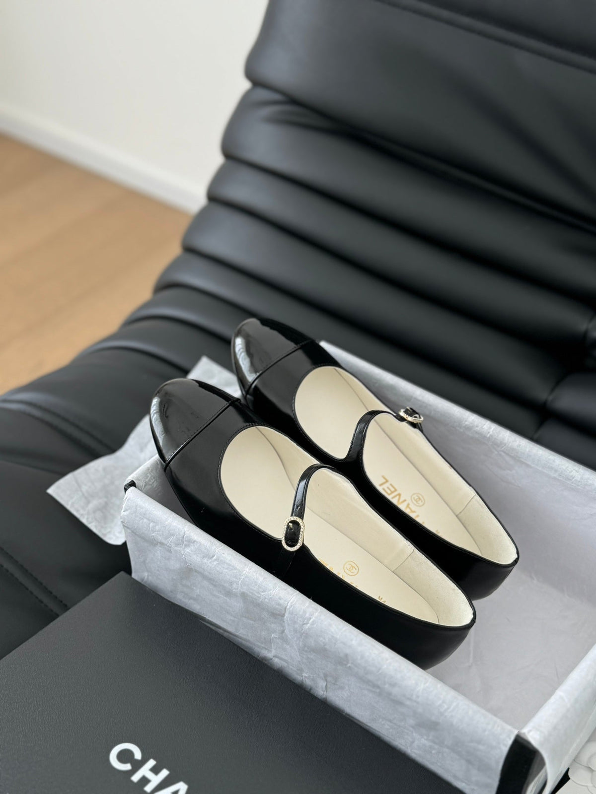 Chanel Mary Jane Shoes in Black Lambskin with Gold Hardware