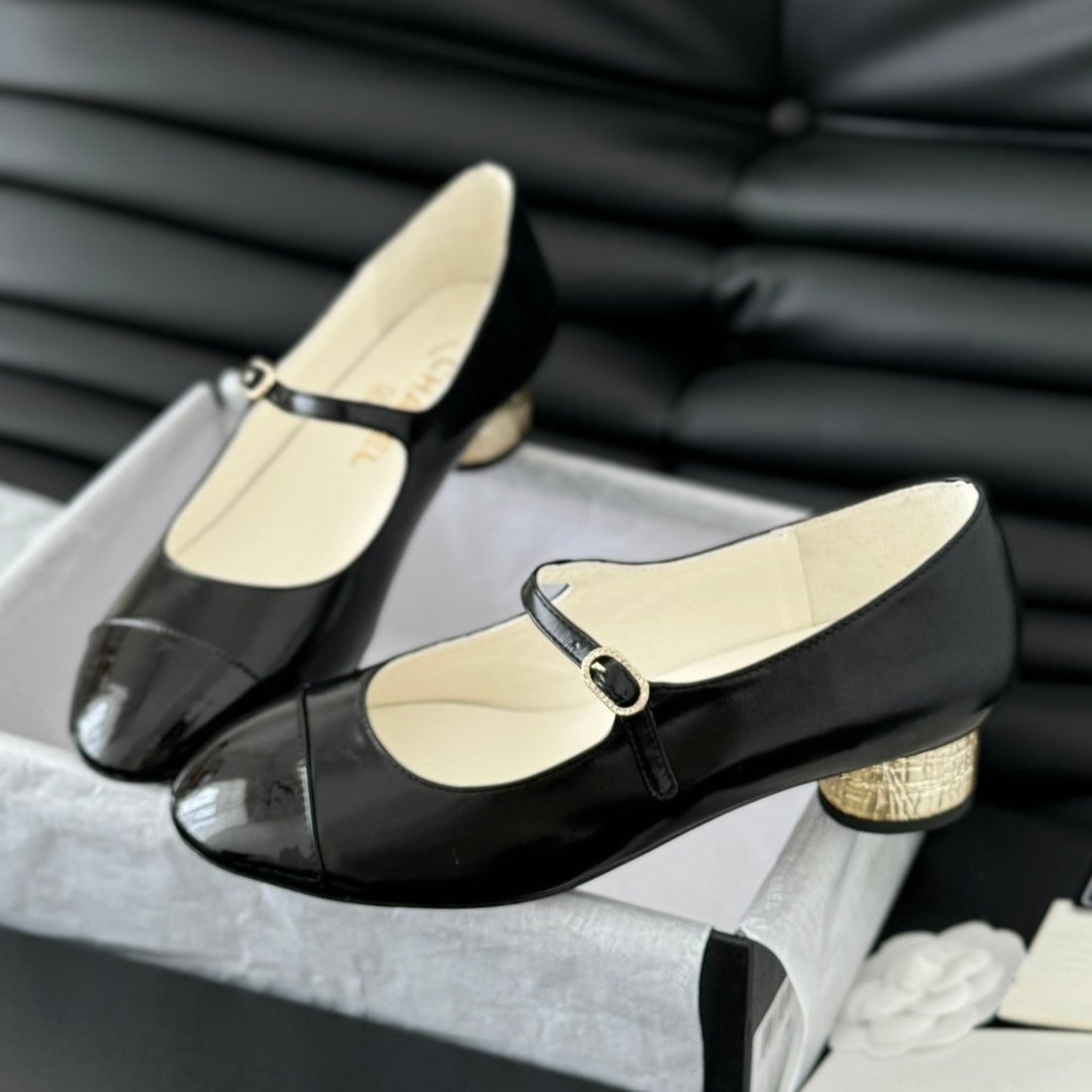 Chanel Mary Jane Shoes in Black Lambskin with Gold Hardware