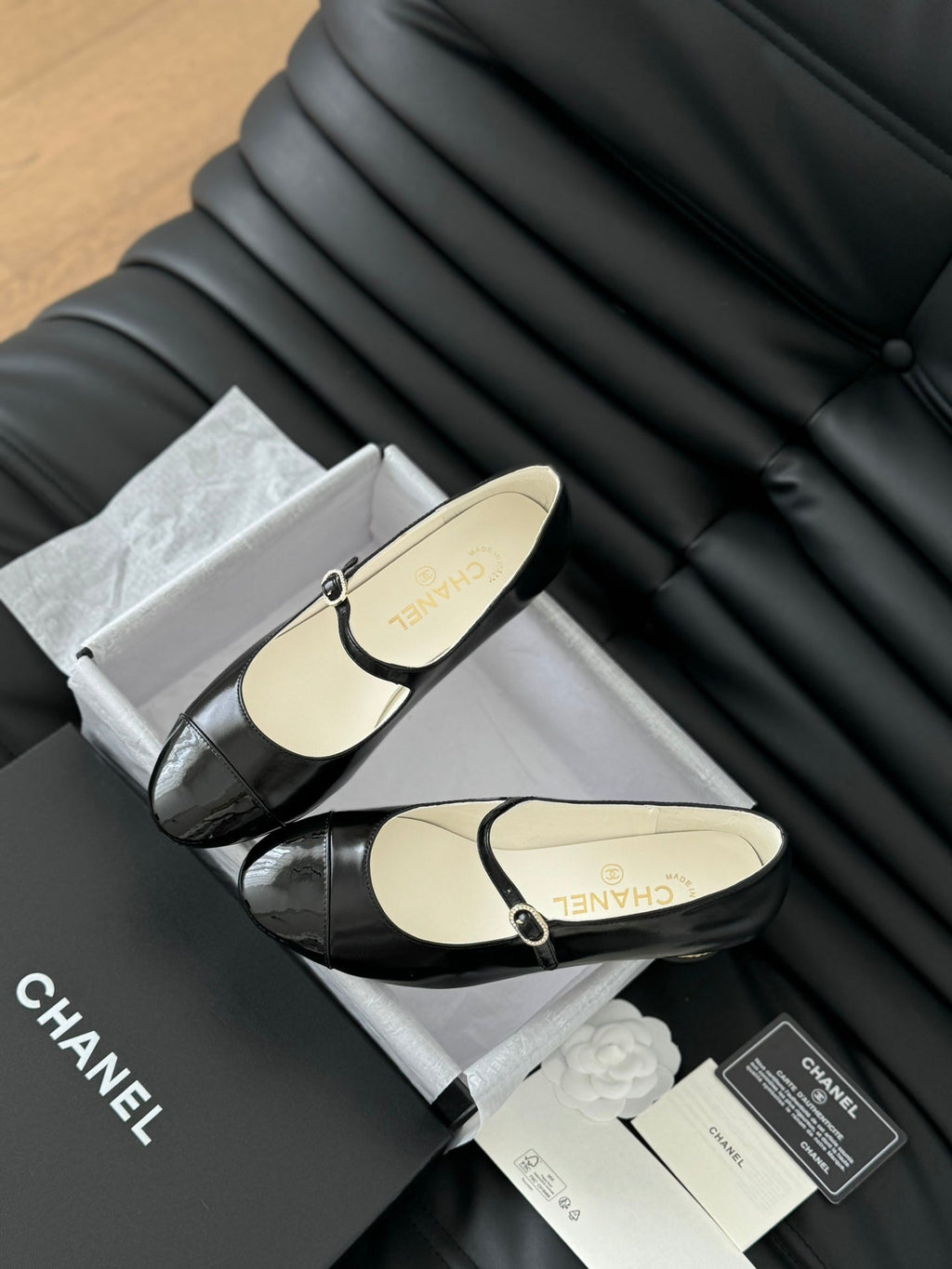 Chanel Mary Jane Shoes in Black Lambskin with Gold Hardware