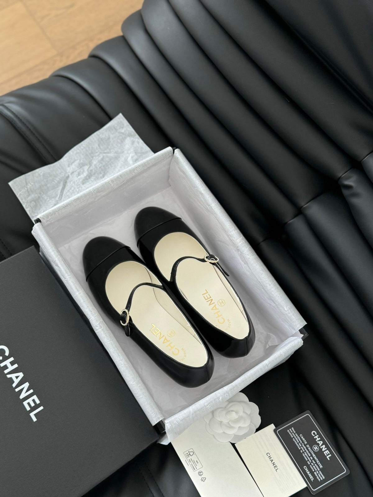 Chanel Mary Jane Shoes in Black Lambskin with Gold Hardware