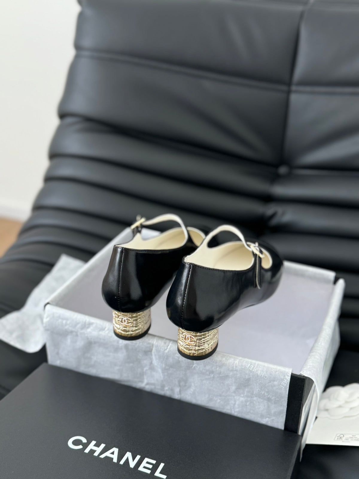 Chanel Mary Jane Shoes in Black Lambskin with Gold Hardware