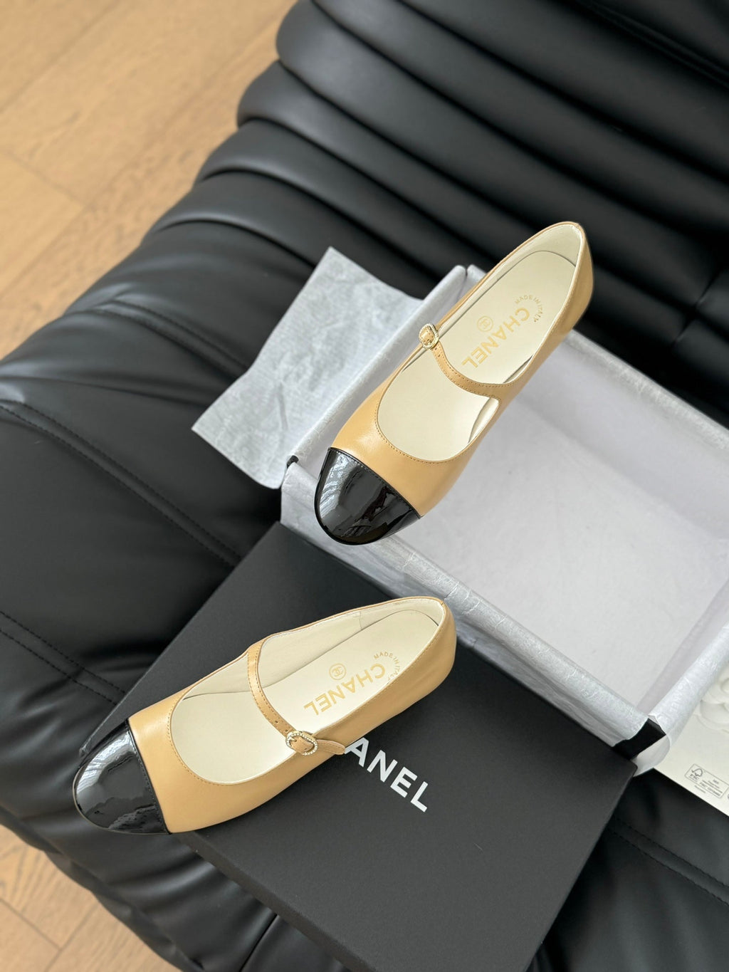 Chanel Mary Jane Shoes in Sepia Beige Mix Black Lambskin with Gold Hardware