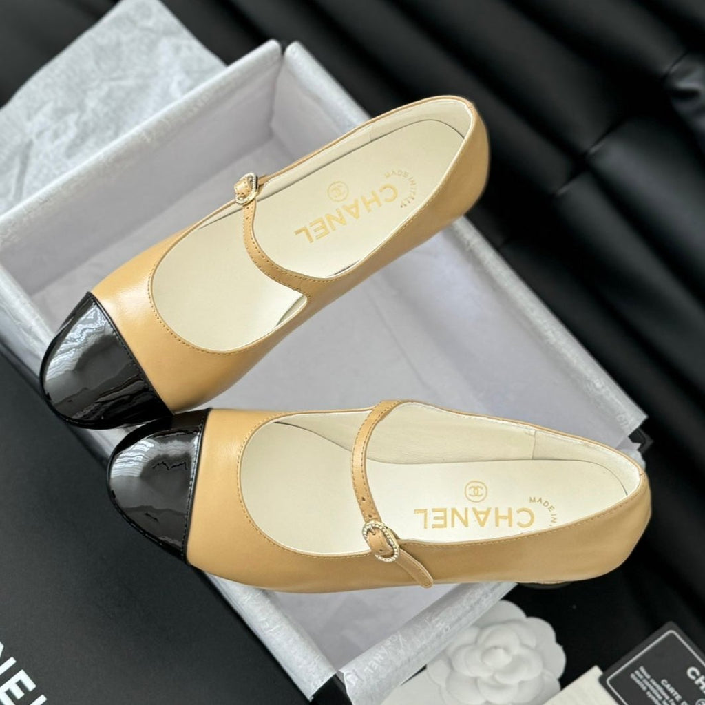 Chanel Mary Jane Shoes in Sepia Beige Mix Black Lambskin with Gold Hardware