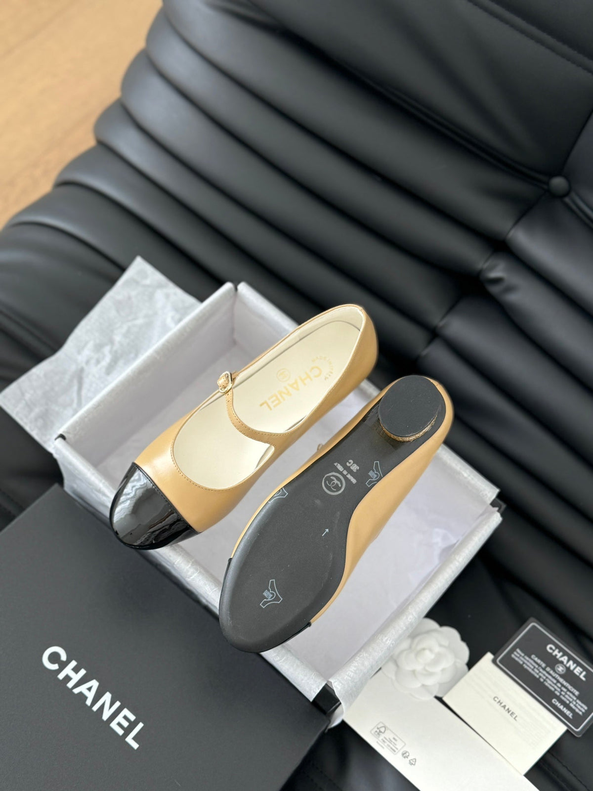 Chanel Mary Jane Shoes in Sepia Beige Mix Black Lambskin with Gold Hardware