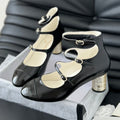 Chanel Mary Jane Shoes Three Straps Black Lambskin with Gold Hardware