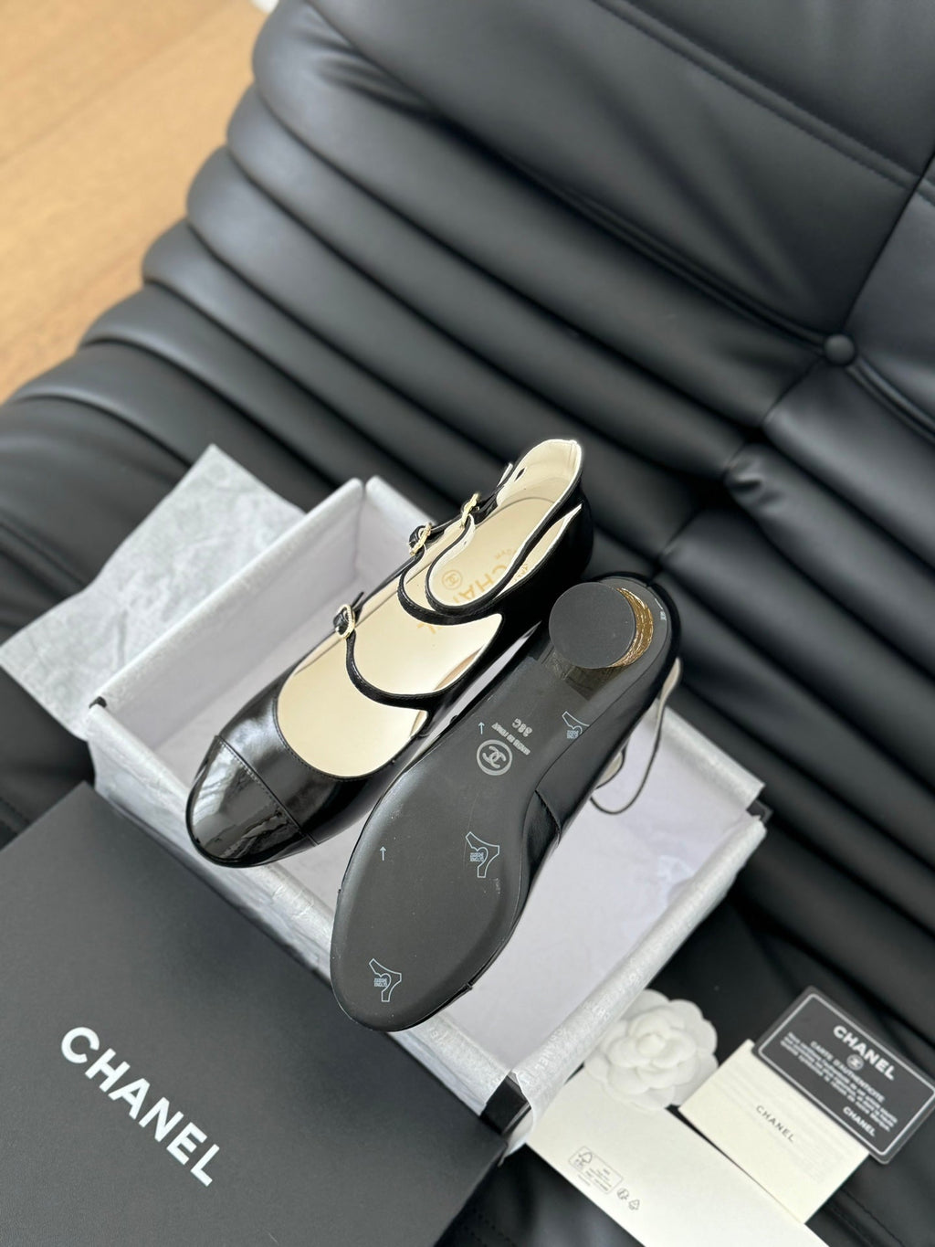 Chanel Mary Jane Shoes Three Straps Black Lambskin with Gold Hardware