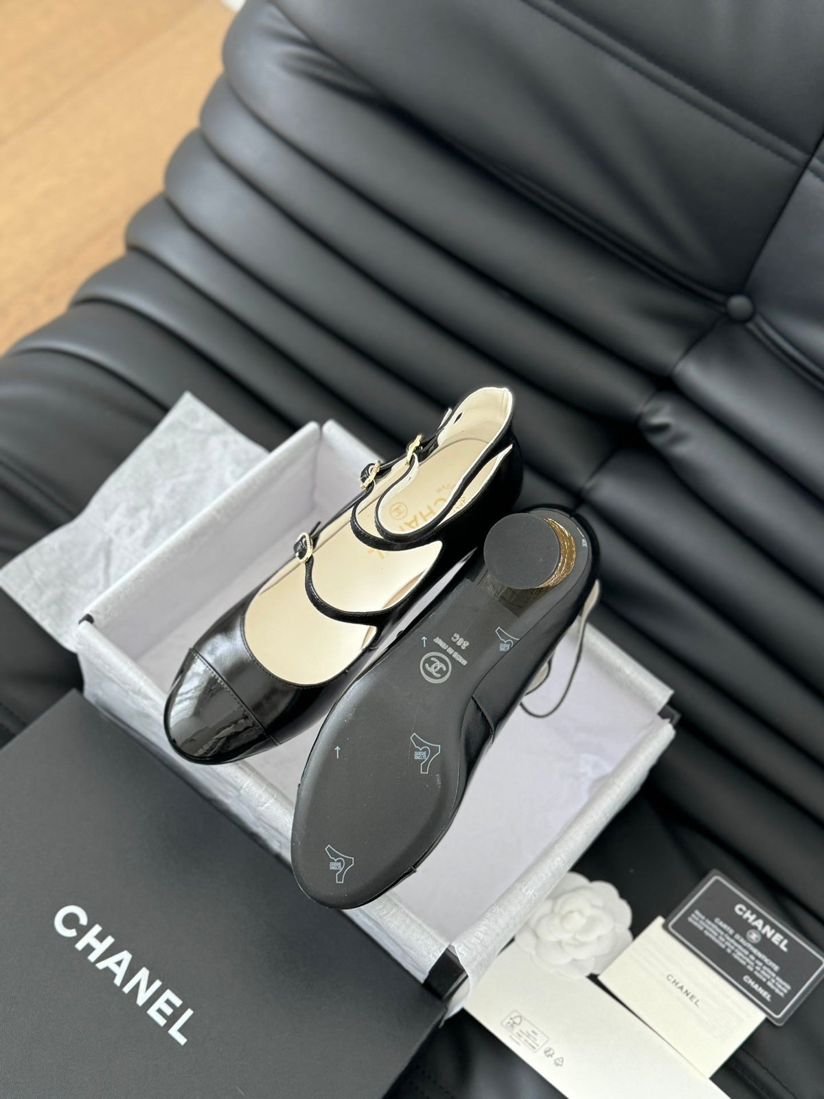 Chanel Mary Jane Shoes Three Straps Black Lambskin with Gold Hardware