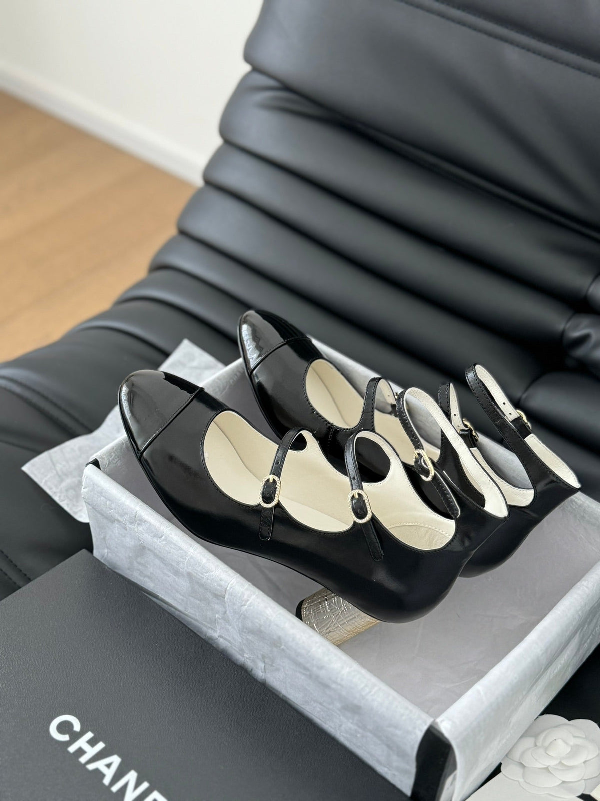 Chanel Mary Jane Shoes Three Straps Black Lambskin with Gold Hardware