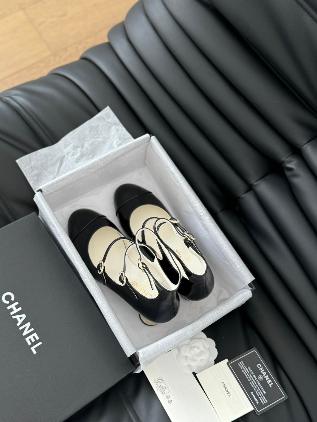 Chanel Mary Jane Shoes Three Straps Black Lambskin with Gold Hardware