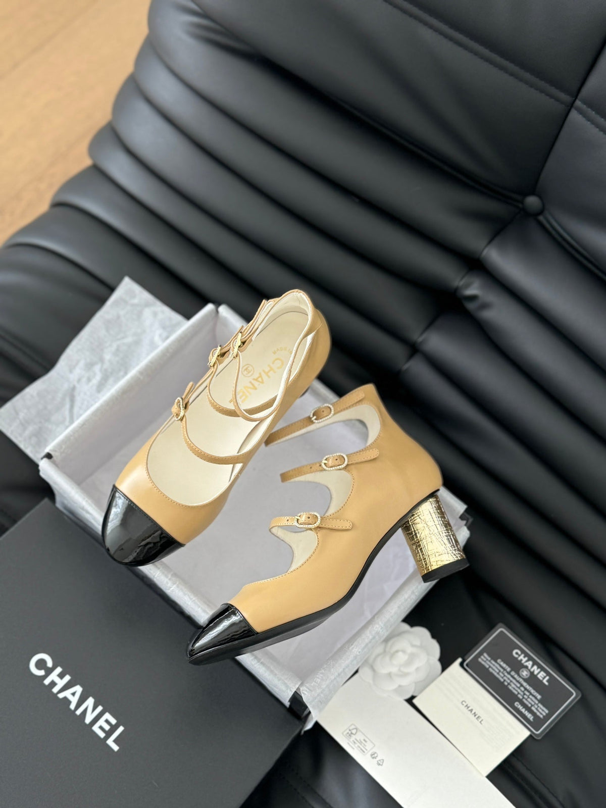 Chanel Mary Jane Shoes Three Straps in Sepia Beige Mix Black Lambskin