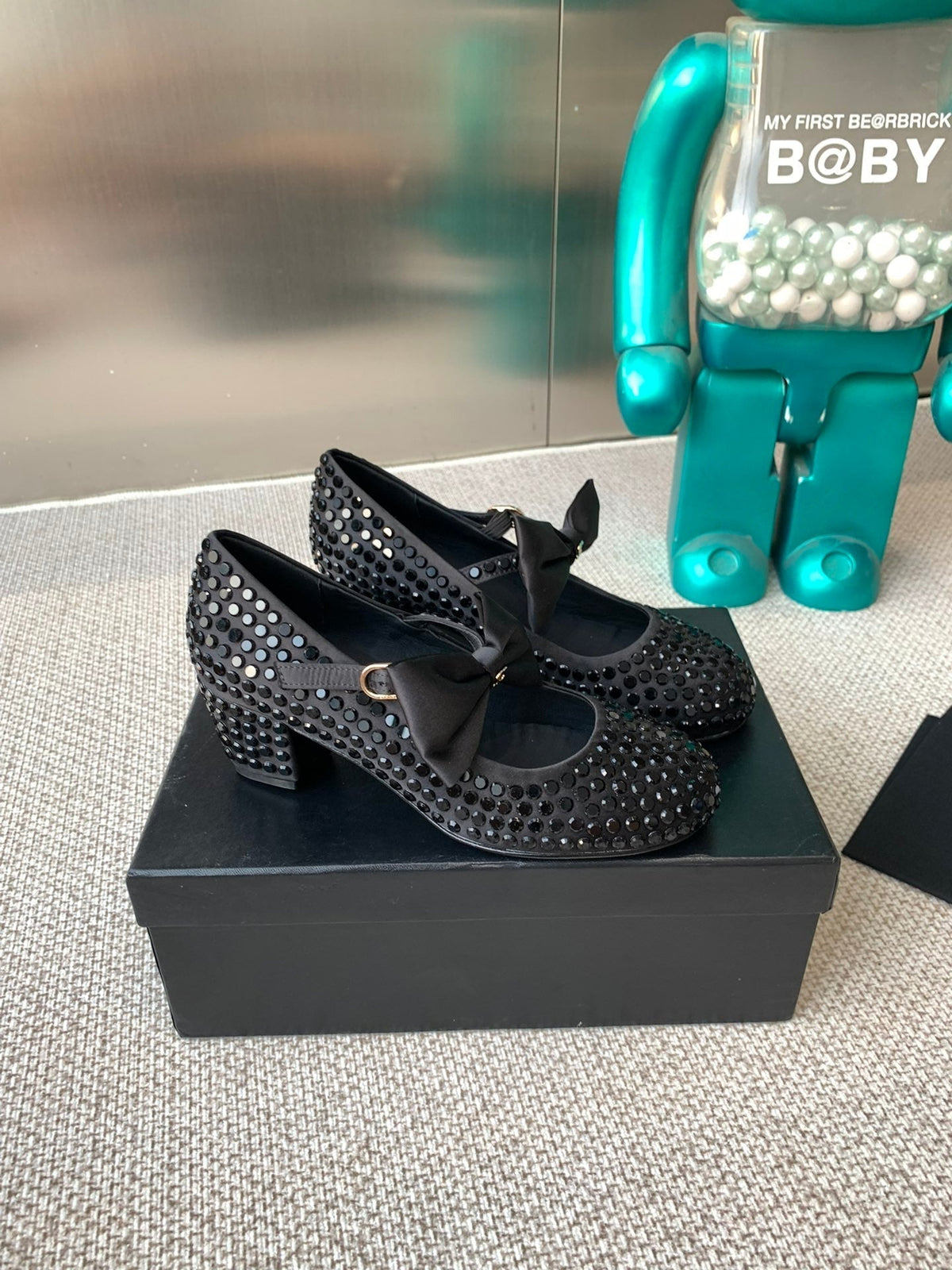 Chanel Mary Janes Shoes in Black Satin with Rhinestones