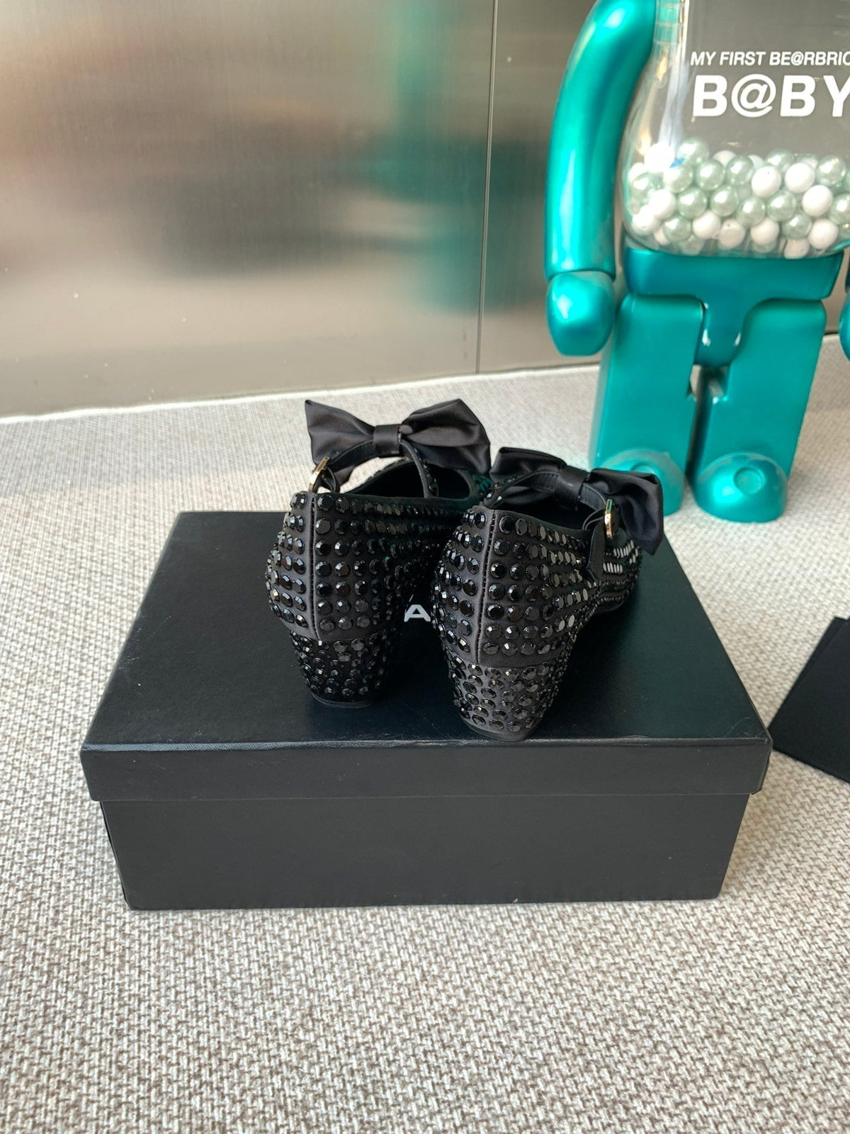 Chanel Mary Janes Shoes in Black Satin with Rhinestones