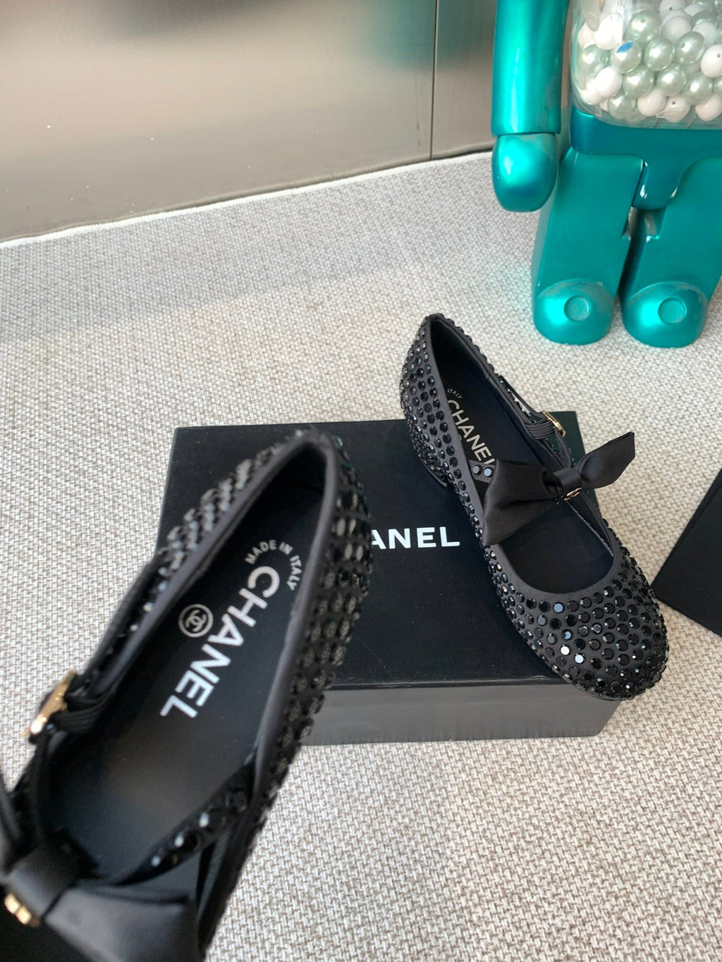 Chanel Mary Janes Shoes in Black Satin with Rhinestones