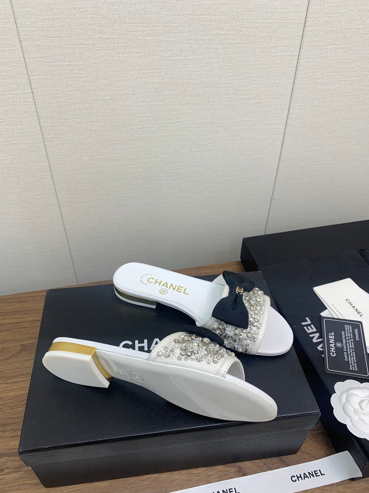Chanel Bow Slippers in White Lambskin with Rhinestones