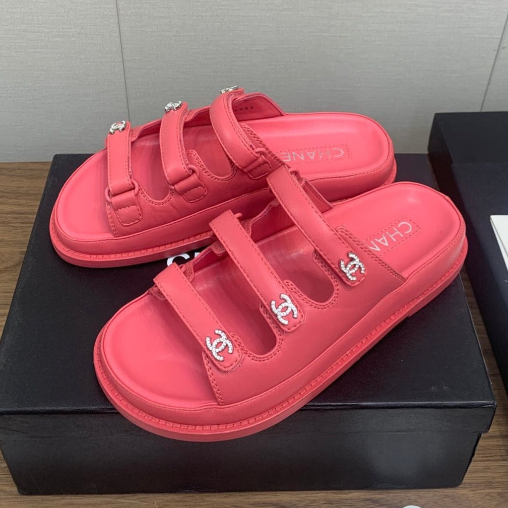 Chanel Dad Sandal in Red Pink Lambskin Mule