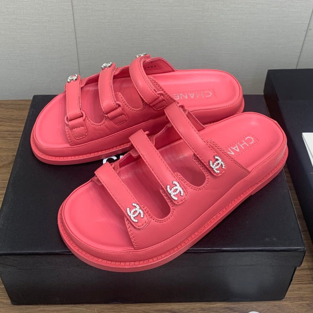 Chanel Dad Sandal in Red Pink Lambskin Mule